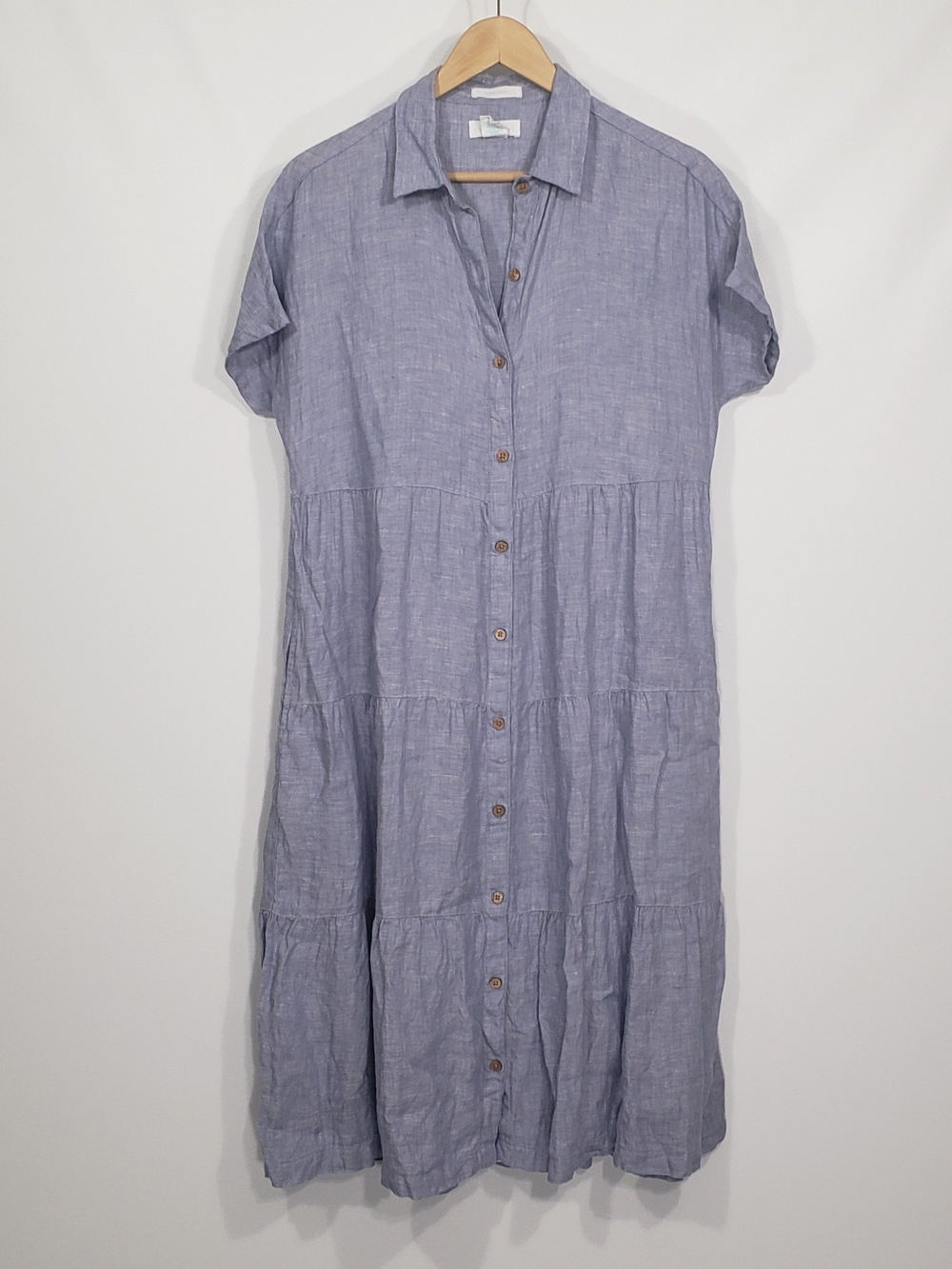Cynthia Rowley Blue Linen Tiered Peasant Dress Button Front Women's Small